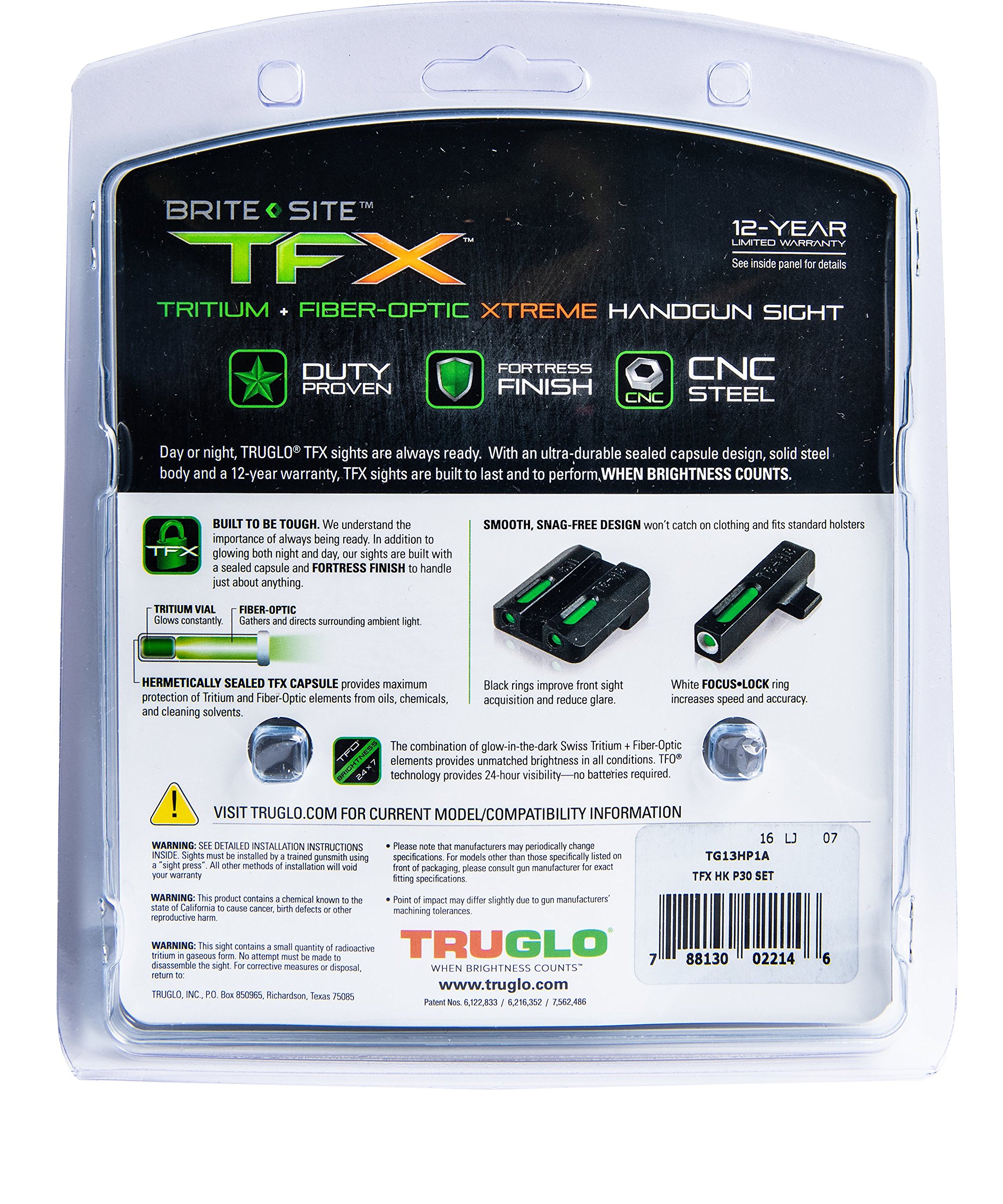 TRUGLO TFX Handgun Sight | Durable Shock-Resistant Compact Brightly Glowing Tritium & Fiber-Optic Xtreme Day/Night Sight, Compatible with H&K P30 Handguns