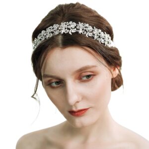 BABEYOND Bridal Headpiece Handmade Wedding Hair Vine Bead Crystal Floral Leaf Headband with Lace Band