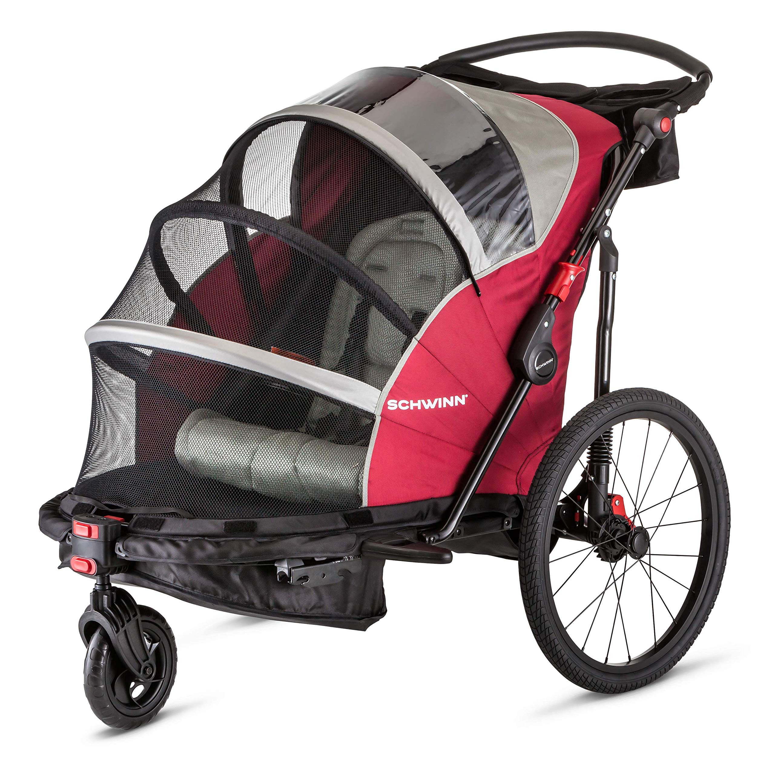 Schwinn Joyrider Deluxe Double Child Bike Trailer Stroller Combo, Max of 2 Children with Total Weight of 80 lbs., Canopy, 20-Inch Air-Filled Tires, Red