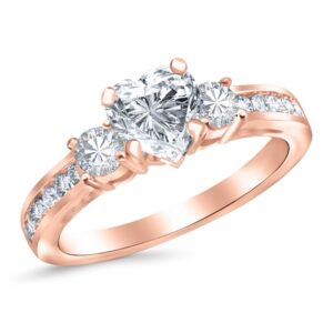 1.1 Carat GIA Certified Heart Cut 14K Rose Gold Channel Set 3 Three Stone Diamond Engagement Ring (I-J Color VS1-VS2 Clarity)