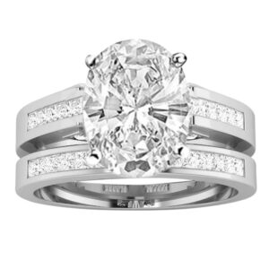 1.28 Carat GIA Certified Oval Cut 14k White Gold Channel Set Princess Cut Bridal Set Diamond Engagement Ring Wedding Band with a 0.5 Ct G-H VVS1-VVS2 Center