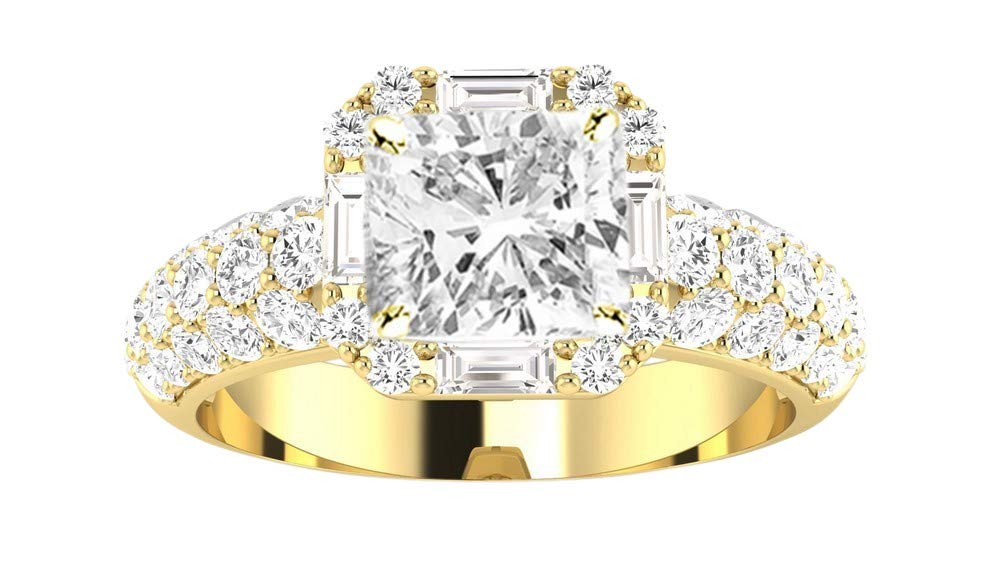 1.5 Carat GIA Certified Cushion-Cut 14K Yellow Gold Designer Popular Halo Style Baguette And Pave Set Round Diamond Engagement Ring with a 0.75 Ct D-E VS1-VS2 Center