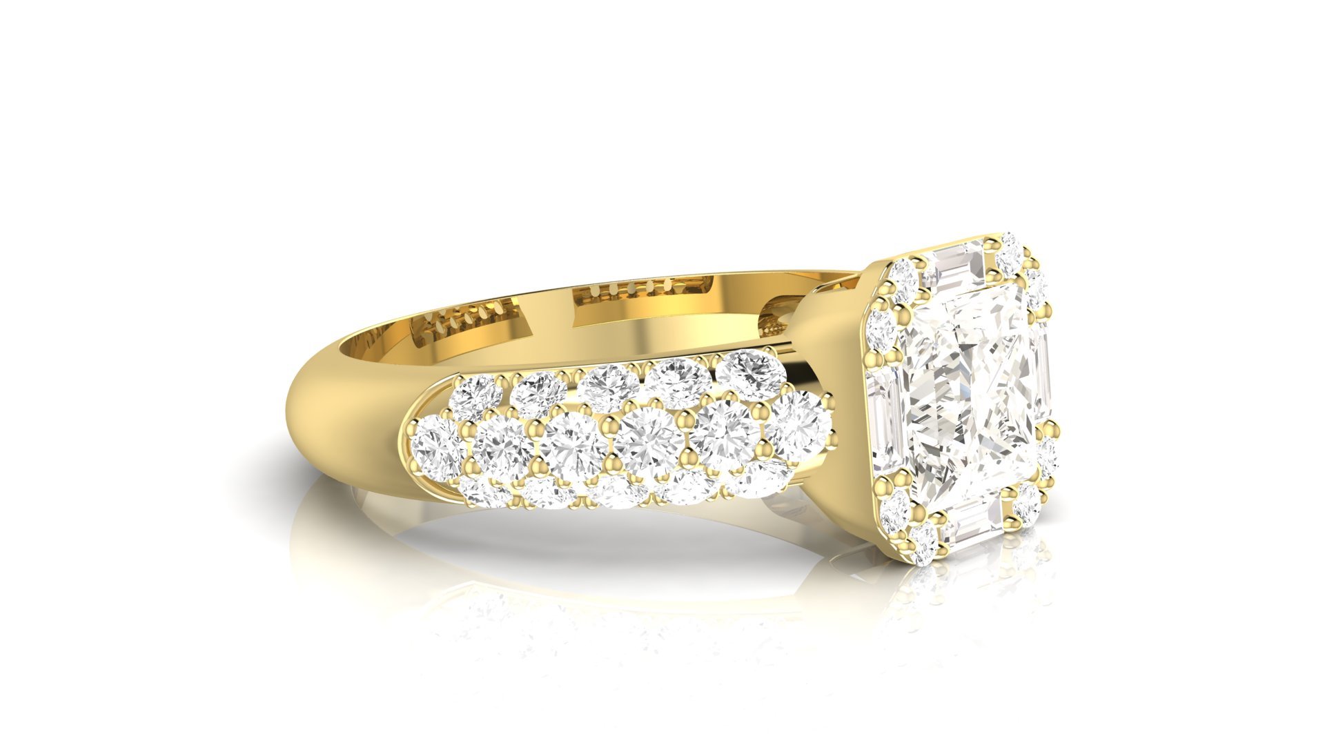 1.5 Carat GIA Certified Cushion-Cut 14K Yellow Gold Designer Popular Halo Style Baguette And Pave Set Round Diamond Engagement Ring with a 0.75 Ct D-E VS1-VS2 Center