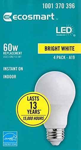 EcoSmart 60W Equivalent Bright White A19 Energy Star + Dimmable LED Light Bulb (4-Pack)