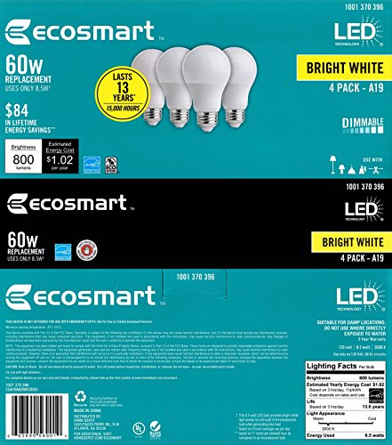 EcoSmart 60W Equivalent Bright White A19 Energy Star + Dimmable LED Light Bulb (4-Pack)