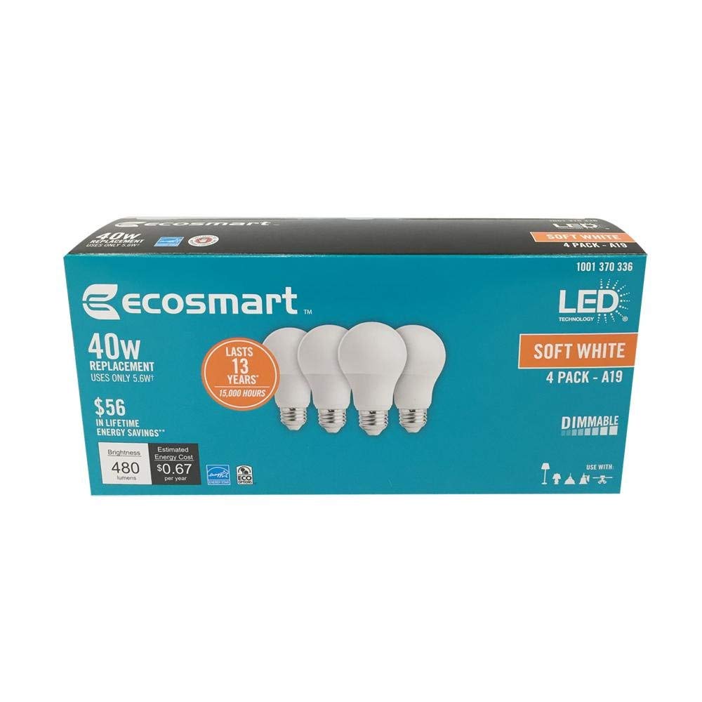 EcoSmart A19 A460ST-Q1D-01 40W Equivalent Dimmable LED Light Bulb, Soft White, (Pack of 4)