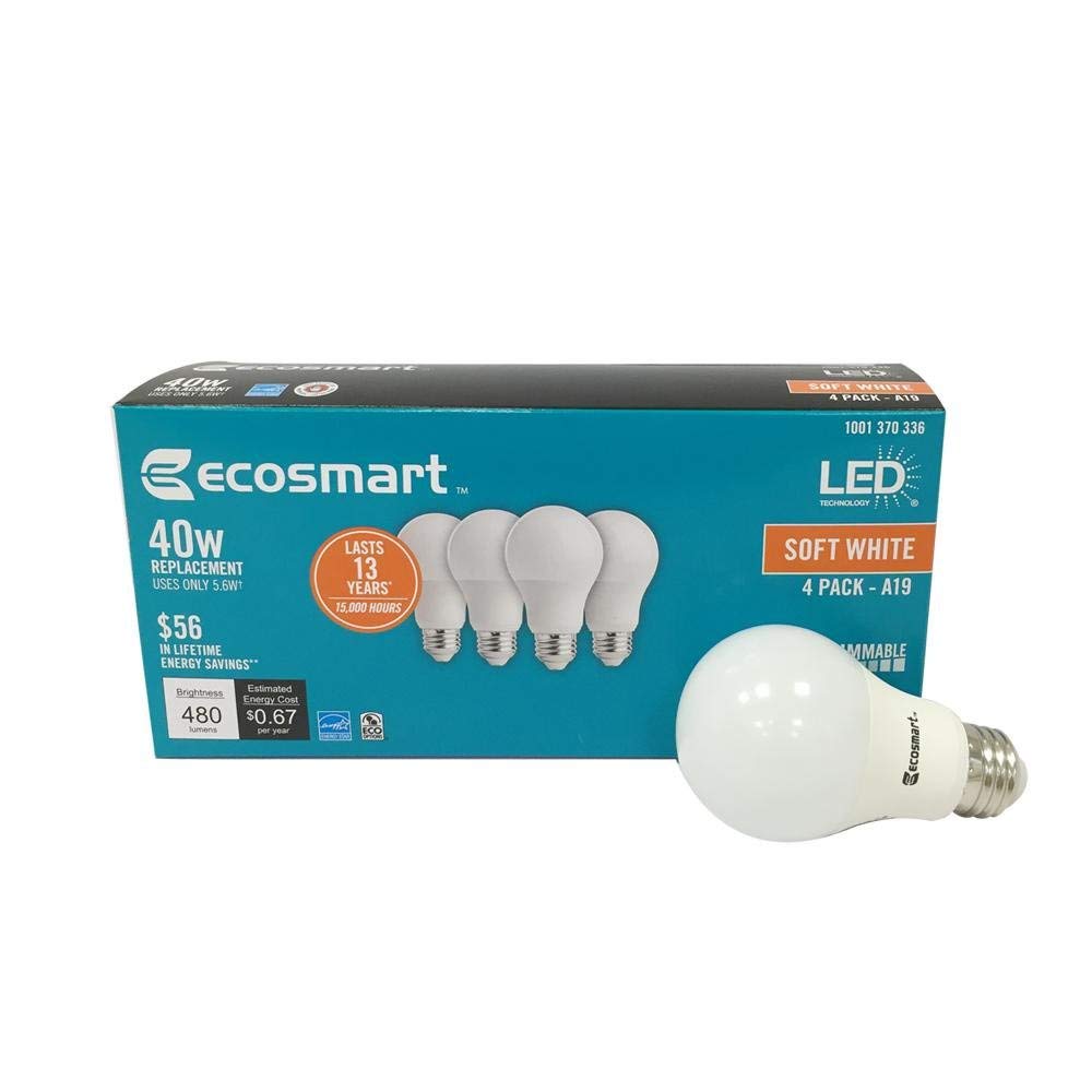 EcoSmart A19 A460ST-Q1D-01 40W Equivalent Dimmable LED Light Bulb, Soft White, (Pack of 4)