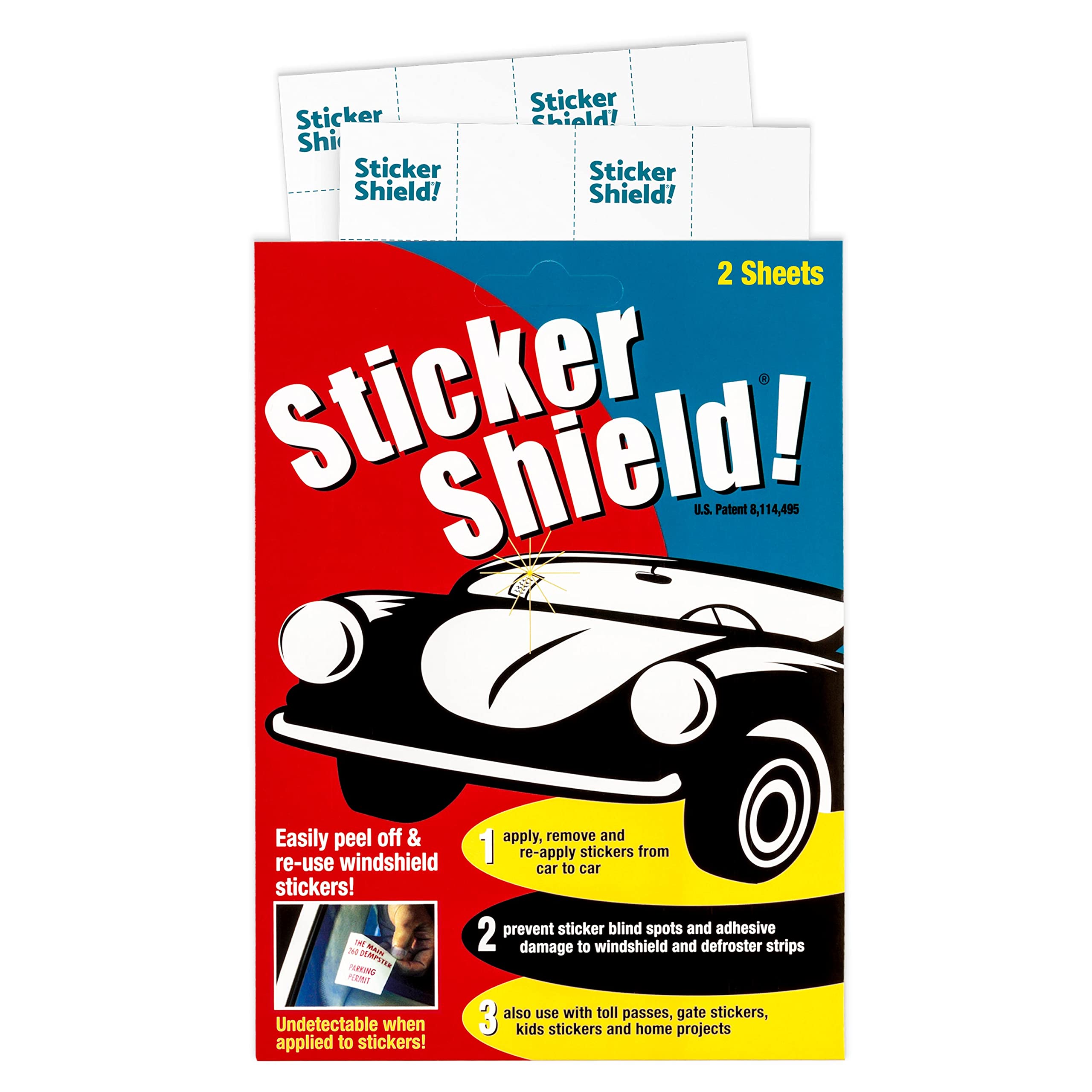 STICKER SHIELD - Windshield Sticker Applicator for Easy Application, Removal and Re-Application from Car to Car - 4 inch x 6 inch Sheets (Pack of 2 Sheets)