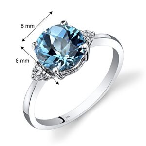 PEORA 14K White Gold Swiss Blue Topaz and Diamond Ring for Women, Natural Gemstone Birthstone, 2.25 Carats Round Shape 8mm, Size 7