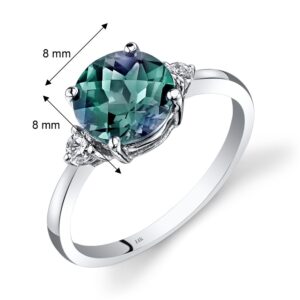 PEORA 14K White Gold Created Alexandrite and Genuine Diamond Ring for Women, Color-changing 2.25 Carats Round Shape 8mm, Size 7