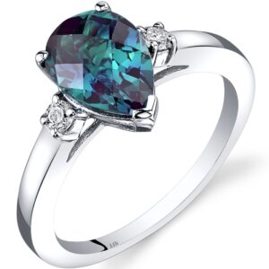 PEORA Created Alexandrite and Genuine Diamond Ring for Women 14K White Gold, Color-Changing Teardrop Solitaire, 2.25 Carats Pear Shape 10x7mm, Size 7