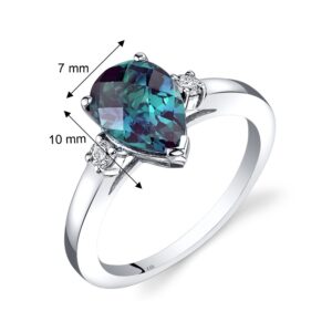 PEORA Created Alexandrite and Genuine Diamond Ring for Women 14K White Gold, Color-Changing Teardrop Solitaire, 2.25 Carats Pear Shape 10x7mm, Size 7