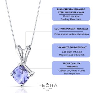 PEORA 14K White Gold Tanzanite Pendant for Women, Genuine Gemstone Classic Solitaire, 1 Carat Cushion Cut, 6mm, AAA Grade