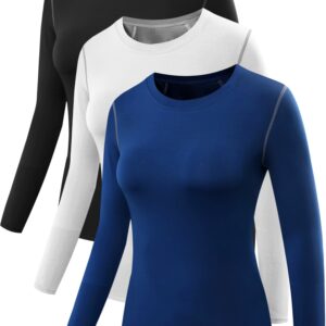 NELEUS Women's 3 Pack Dry Fit Athletic Compression Long Sleeve T Shirt,Black,Blue,White,Medium