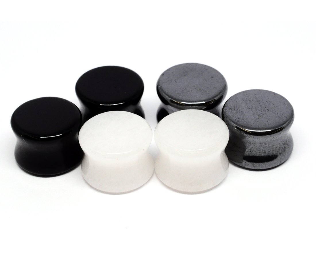 Mystic Metals Body Jewelry Set of 3 Pairs Stone Plugs - 3/4" - 19mm - (Black Agate, White Jade, Hematite) - Sold As a Pair