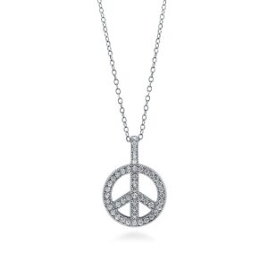 BERRICLE Sterling Silver Peace Sign Cubic Zirconia CZ Fashion Pendant Necklace for Women, Rhodium Plated