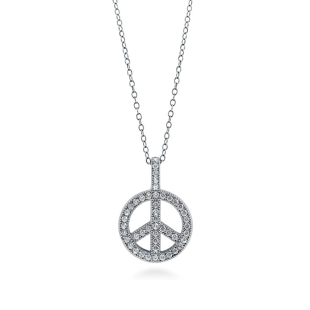 BERRICLE Sterling Silver Peace Sign Cubic Zirconia CZ Fashion Pendant Necklace for Women, Rhodium Plated