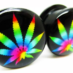 Pierced Republic Tie-Dye Pot Leaf Marijuana Ear Plugs - Acrylic Screw-On - New - 8 Sizes - Pair (0 Gauge (8mm))