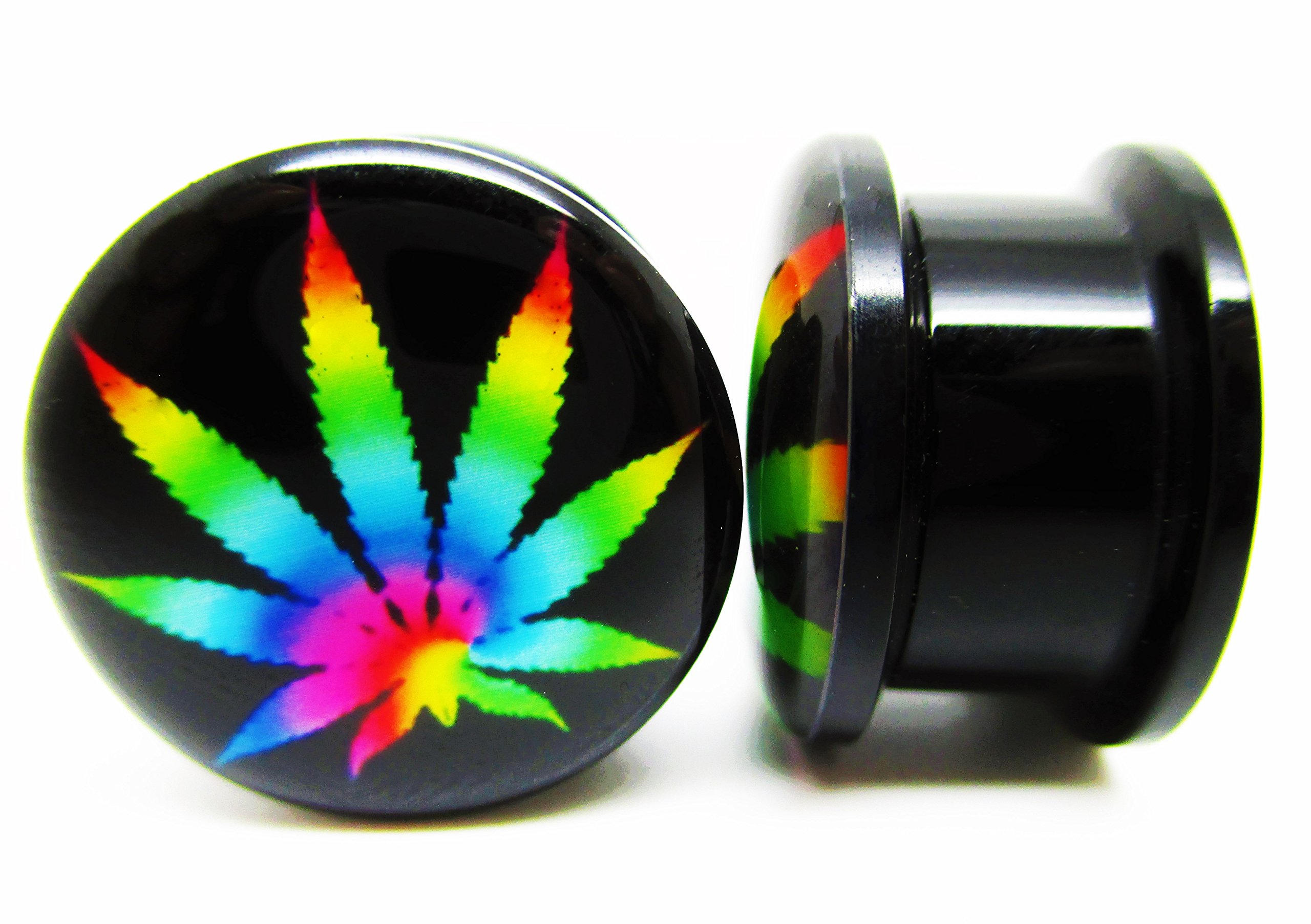 Pierced Republic Tie-Dye Pot Leaf Marijuana Ear Plugs - Acrylic Screw-On - New - 8 Sizes - Pair (0 Gauge (8mm))