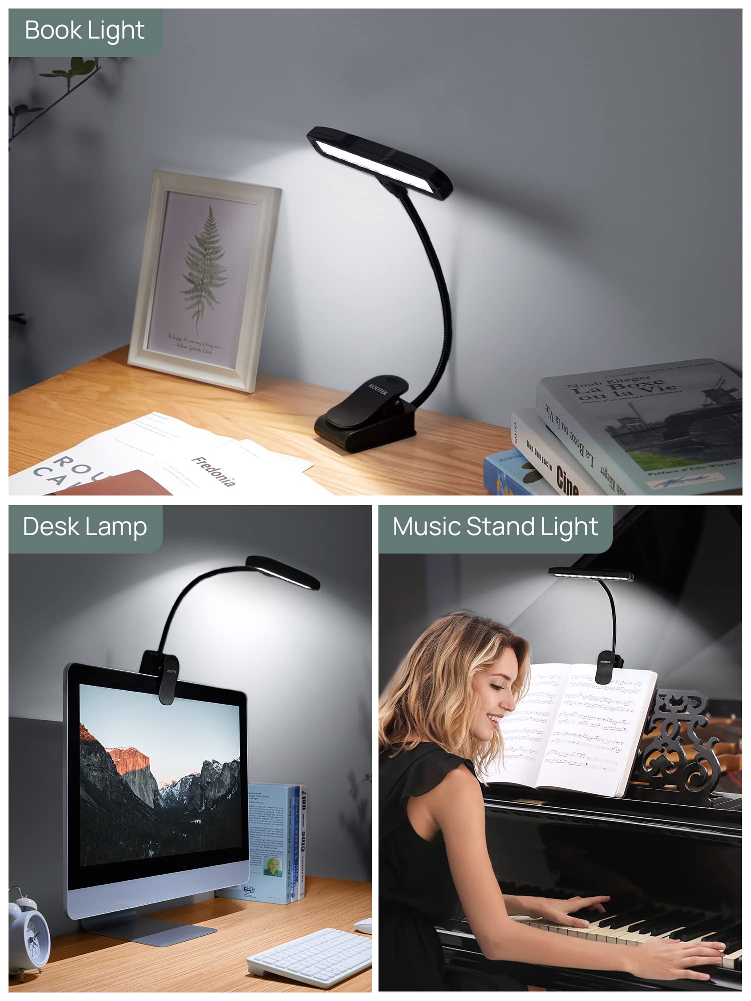 Kootek Music Stand Light, Eye Caring Clip-on Piano Light, 360° Flexible Neck Adjustable Brightness USB Rechargeable Light Lamp for Piano, Sheet Music, Book Reading