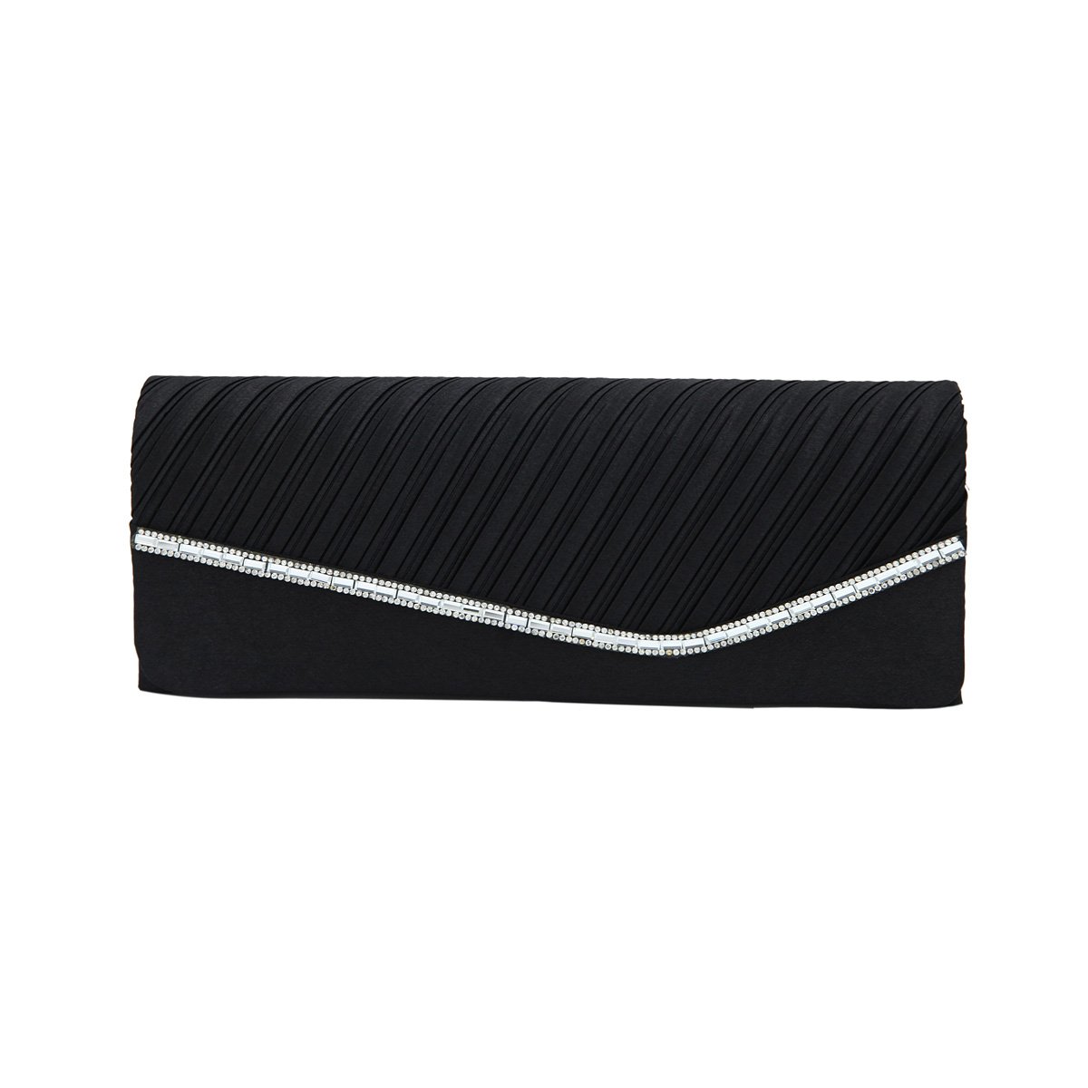 TrendsBlue Elegant Pleated Satin & Crystal Flap Clutch Evening Bag, Black