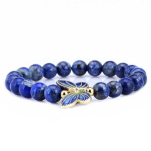 Gem Stone King 8mm Simulated-Lapis Lazuli 18K Yellow Gold Plated Silver Cloisonne Enamel Butterfly Bracelet For Women