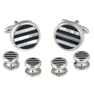 mens striped onyx mother of pearl tuxedo cufflinks studs (that don't spin) with presentation box