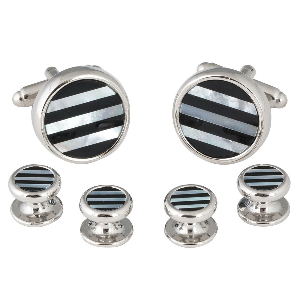 Mens Striped Onyx Mother of Pearl Tuxedo Cufflinks Studs (THAT DON'T SPIN) with Presentation Box