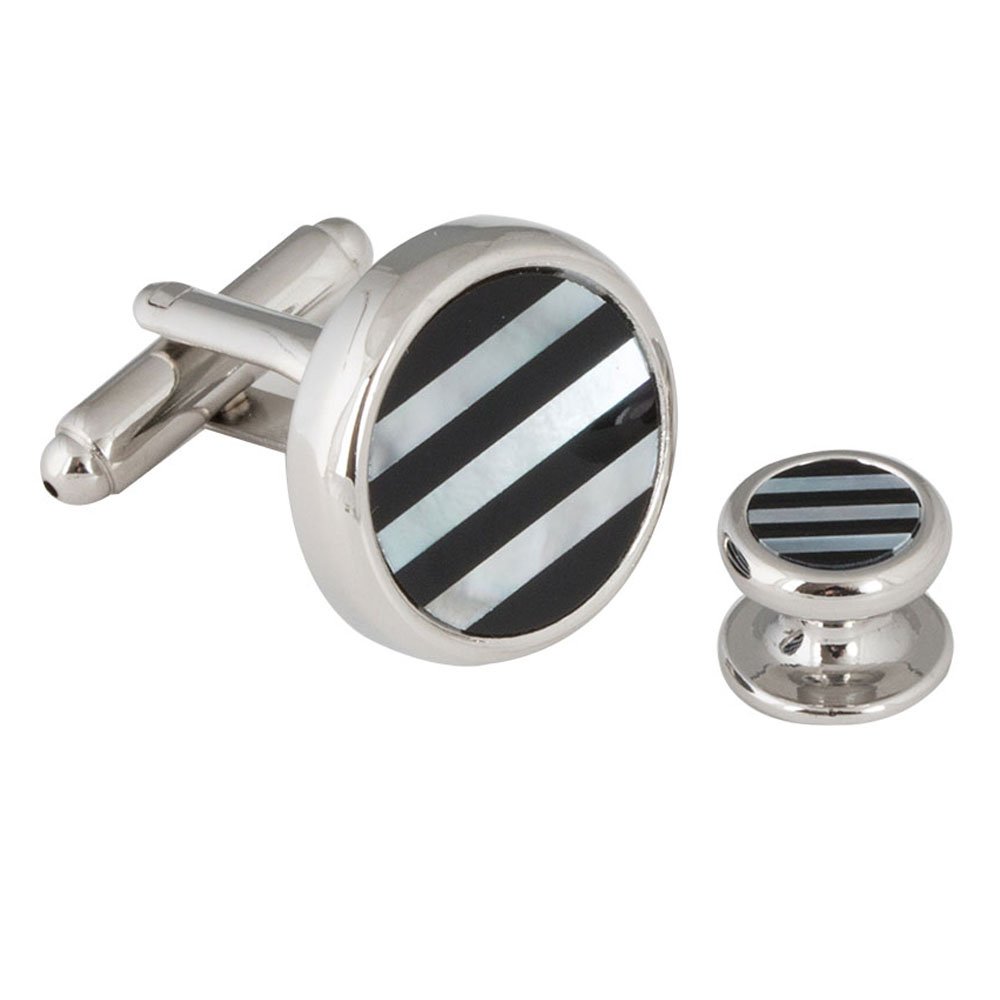 Mens Striped Onyx Mother of Pearl Tuxedo Cufflinks Studs (THAT DON'T SPIN) with Presentation Box