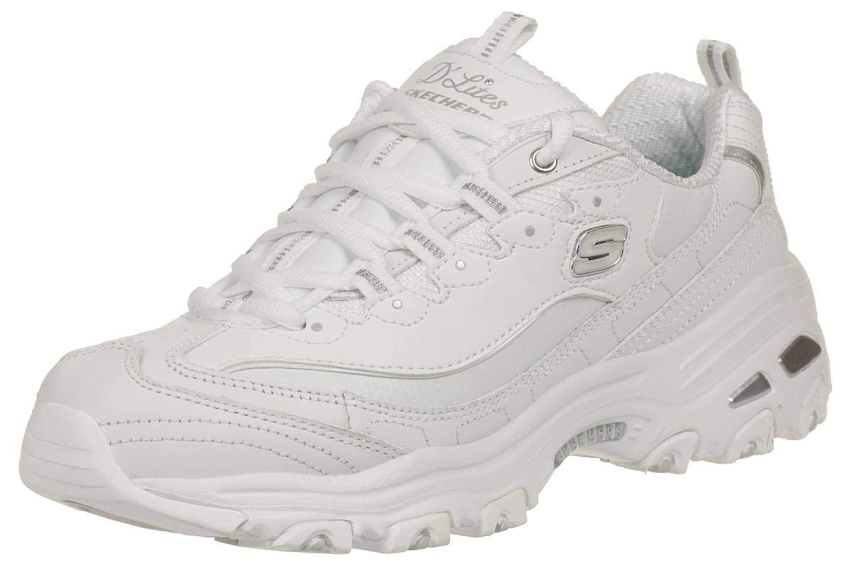 Skechers Women's D'Lites Memory Foam Lace-up Sneaker,White Silver,7.5 M US