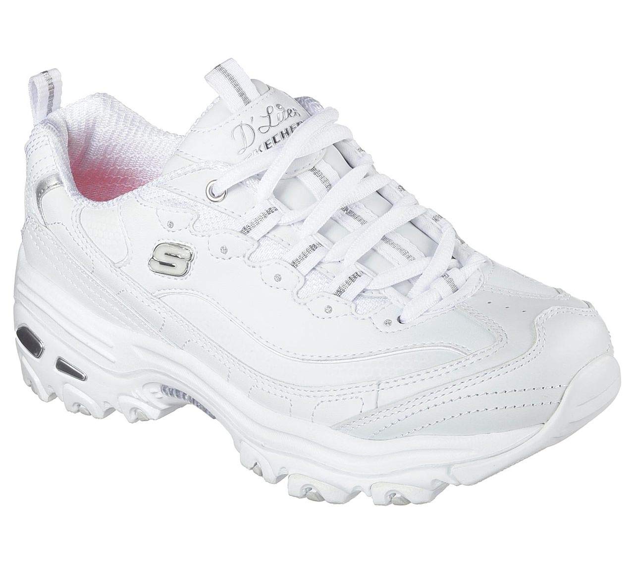 Skechers Women's D'Lites Memory Foam Lace-up Sneaker,White Silver,7.5 M US