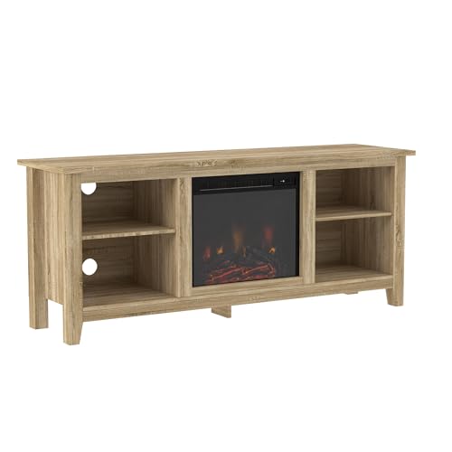 Walker Edison Wren Classic 4 Cubby Fireplace TV Stand for TVs up to 65 Inches, 58 Inch, Driftwood