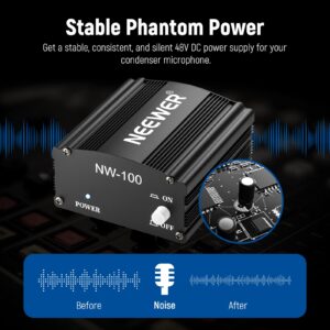 Neewer 1-Channel 48V Phantom Power Supply with Adapter, BONUS+XLR 3 Pin Microphone Cable for Any Condenser Microphone Music Recording Equipment (8 feet)