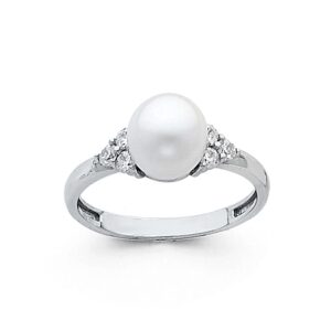 14k white gold solid 8mm freshwater cultured pearl wedding engagement ring - size 6