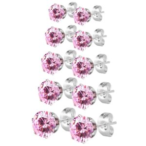 jewelrieshop earrings for women studs set stainless steel cz earing hypoallergenic multiple piercing ear stud (5 pairs, 3-7mm pink cz, silver post,4 prong)