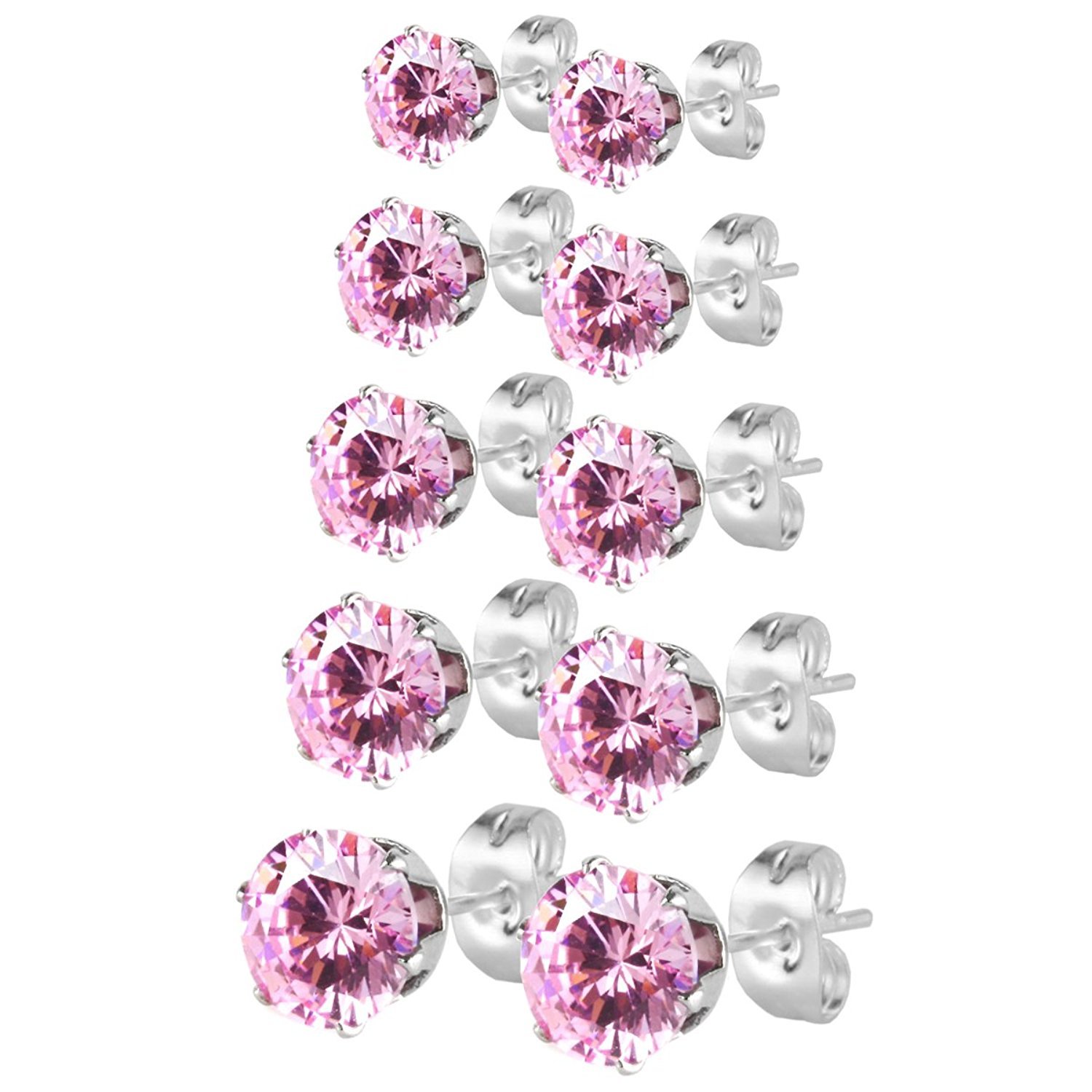 JewelrieShop Earrings for Women Studs Set Stainless Steel CZ Earing Hypoallergenic Multiple Piercing Ear Stud (5 pairs, 3-7mm Pink CZ, Silver Post,4 Prong)