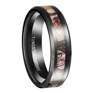 queenwish 6mm black tungsten camo wedding rings for men & women hunting camouflage inlay engagement couples jewelry band beveled edges comfort fit