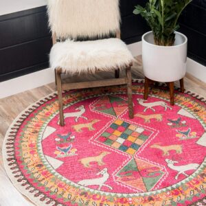 Unique Loom Sedona Collection Southwestern, Border, Over-Dyed, Animals, Tribal, Abstract Area Rug, 6 Feet, Pink/Beige