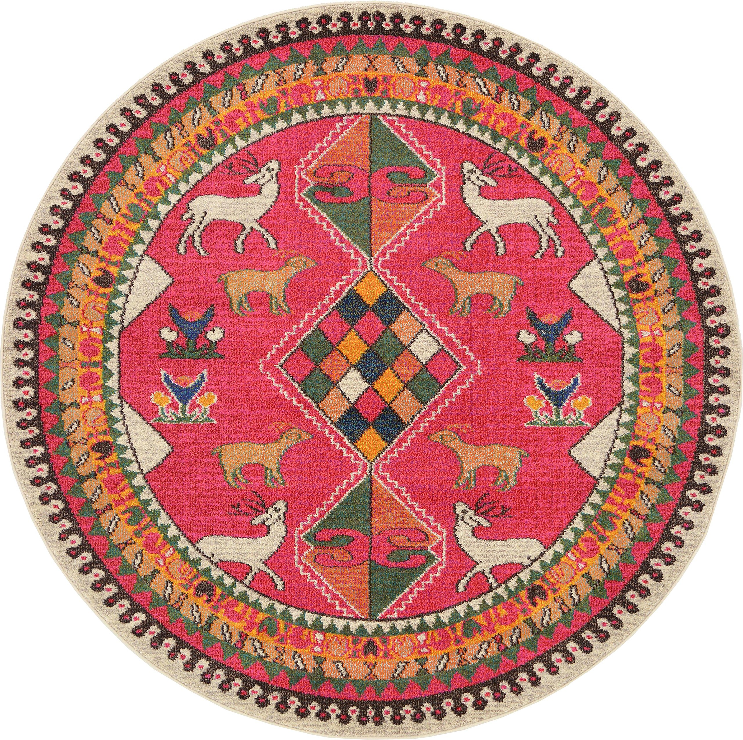 Unique Loom Sedona Collection Southwestern, Border, Over-Dyed, Animals, Tribal, Abstract Area Rug, 6 Feet, Pink/Beige