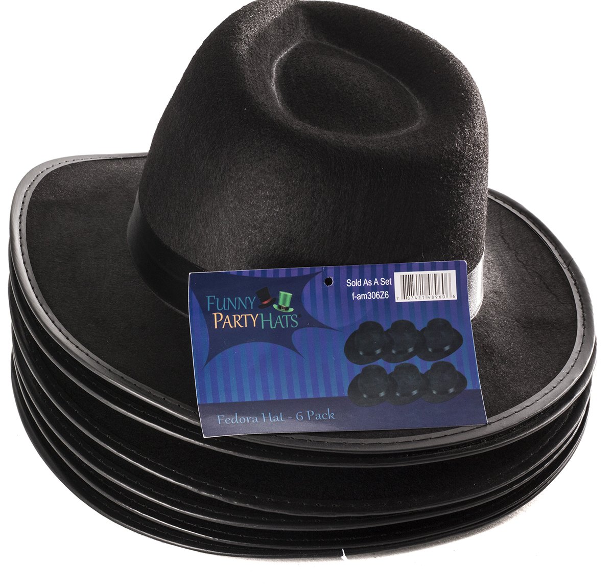 Funny Party Hats Black Fedora Gangster Hat Costume Accessory - Pack of 6