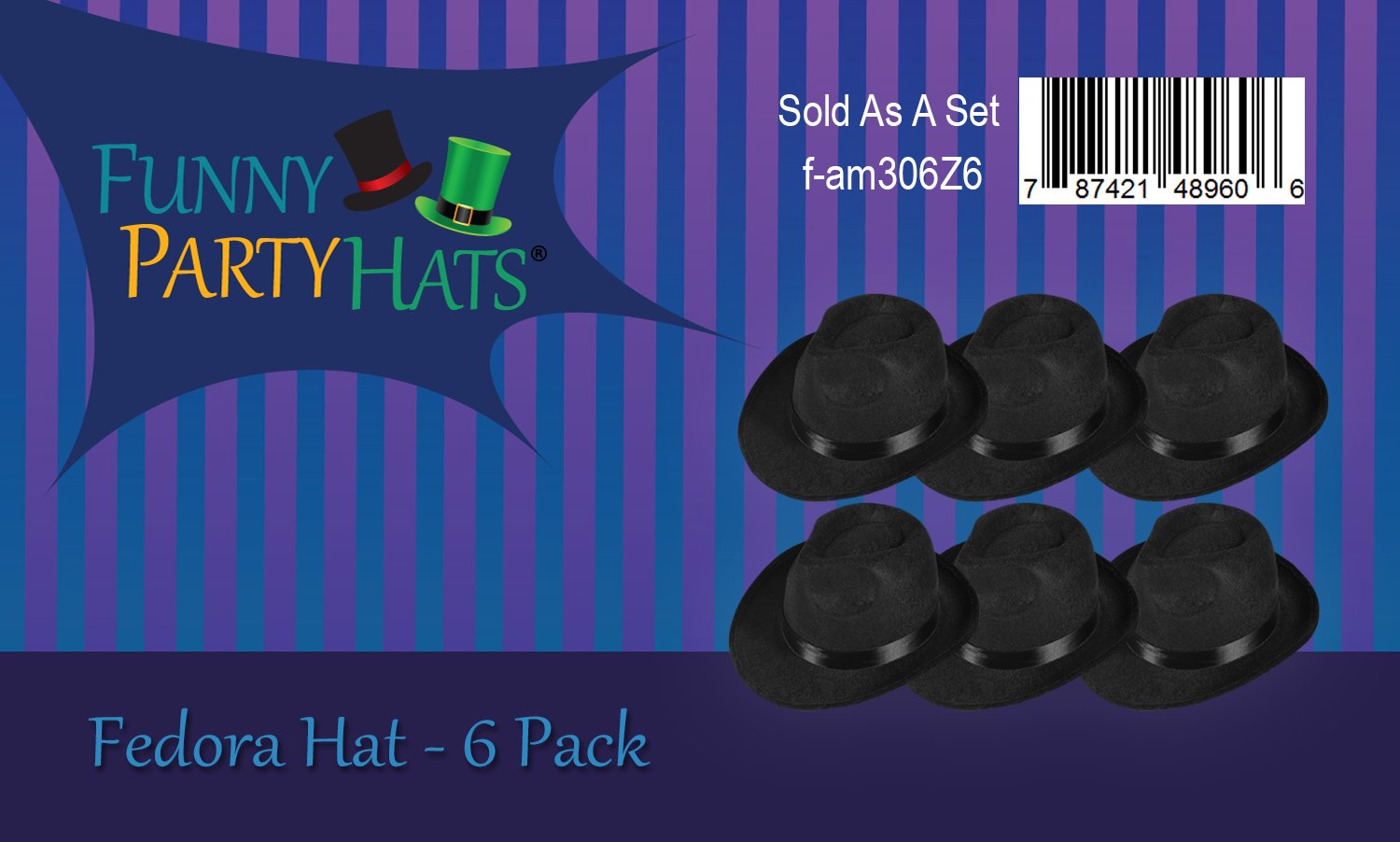 Funny Party Hats Black Fedora Gangster Hat Costume Accessory - Pack of 6