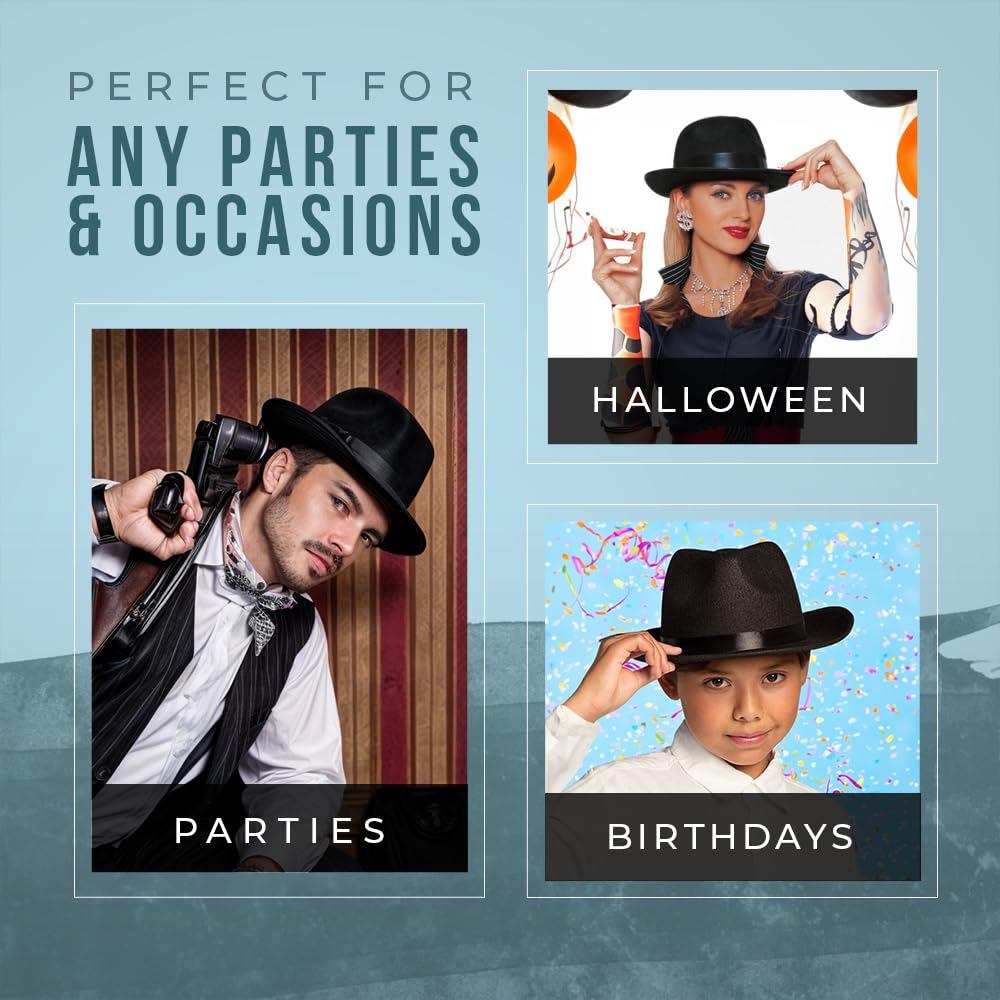 Funny Party Hats Black Fedora Gangster Hat Costume Accessory - Pack of 12