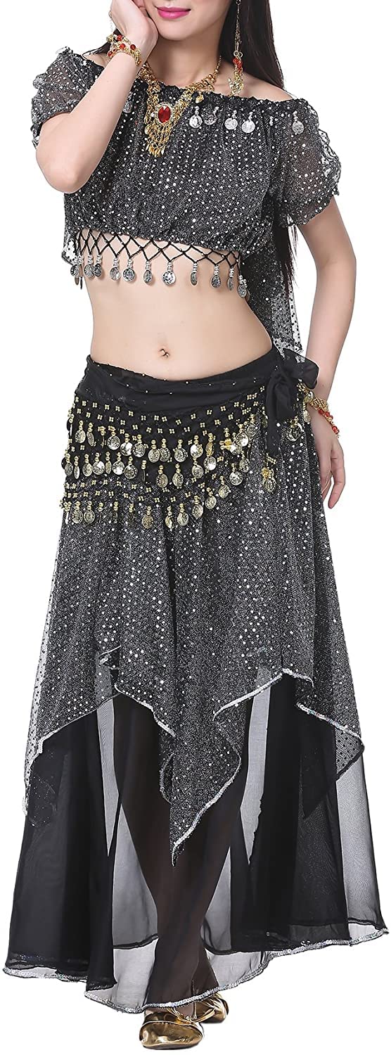 REINDEAR Vogue Style Chiffon Dangling Gold Coins Belly Dance Hip Scarf (Black)