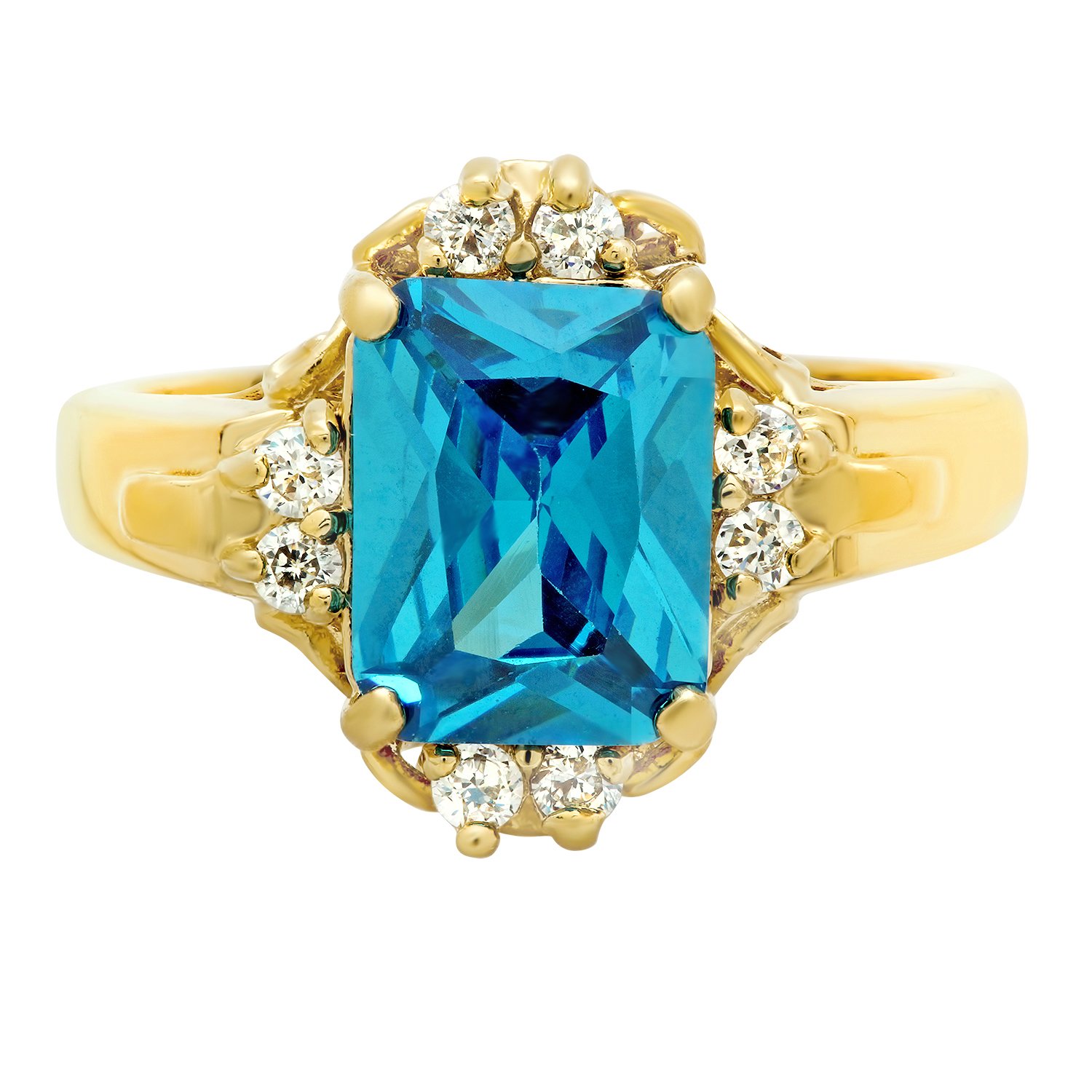 The Bling Factory Gold Plated Blue Emerald-Cut CZ Solitaire Ring w/CZ Accents, Size 8