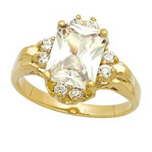 The Bling Factory Gold Plated Clear Emerald-Cut CZ Solitaire Ring w/CZ Accents, Size 7