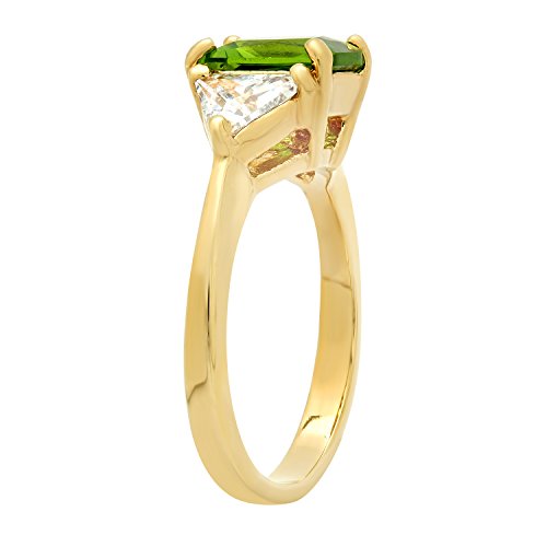 The Bling Factory Gold Plated Emerald-Cut Chartreuse Green CZ Three-Stone Ring, Size 7