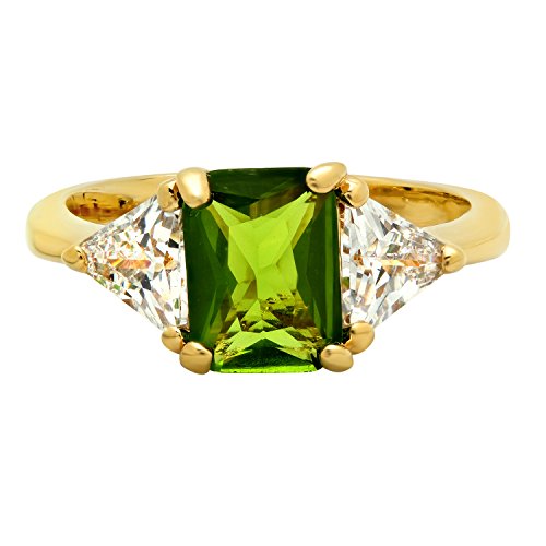 The Bling Factory Gold Plated Emerald-Cut Chartreuse Green CZ Three-Stone Ring, Size 7