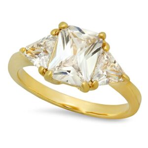 The Bling Factory Gold Plated Emerald-Cut Crystal-Clear Clear CZ Three-Stone Ring, Size 4