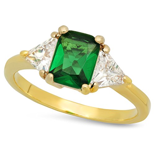 The Bling Factory Gold Plated Emerald-Cut Forest Green CZ Three-Stone Ring, Size 7