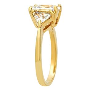 The Bling Factory Gold Plated Emerald-Cut Crystal-Clear Clear CZ Three-Stone Ring, Size 4